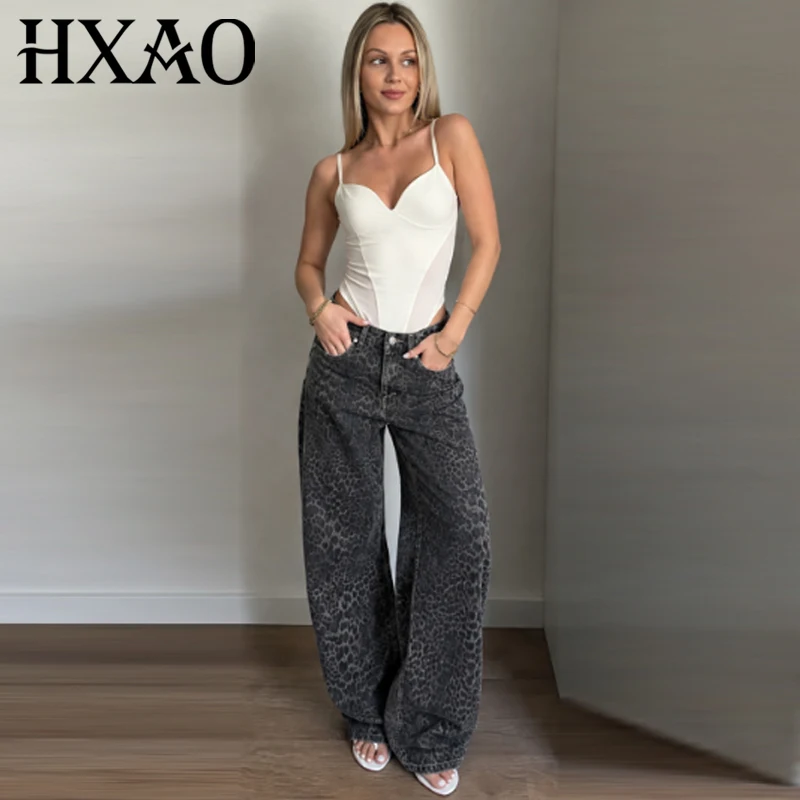 HXAO Baggy-Hose mit Tiermuster, Damenjeans, Herbst 2026, Vintage, hohe Taille, lockere, weite Beine, Denim-Fasshose, Streetwear-Hose – Detail 3