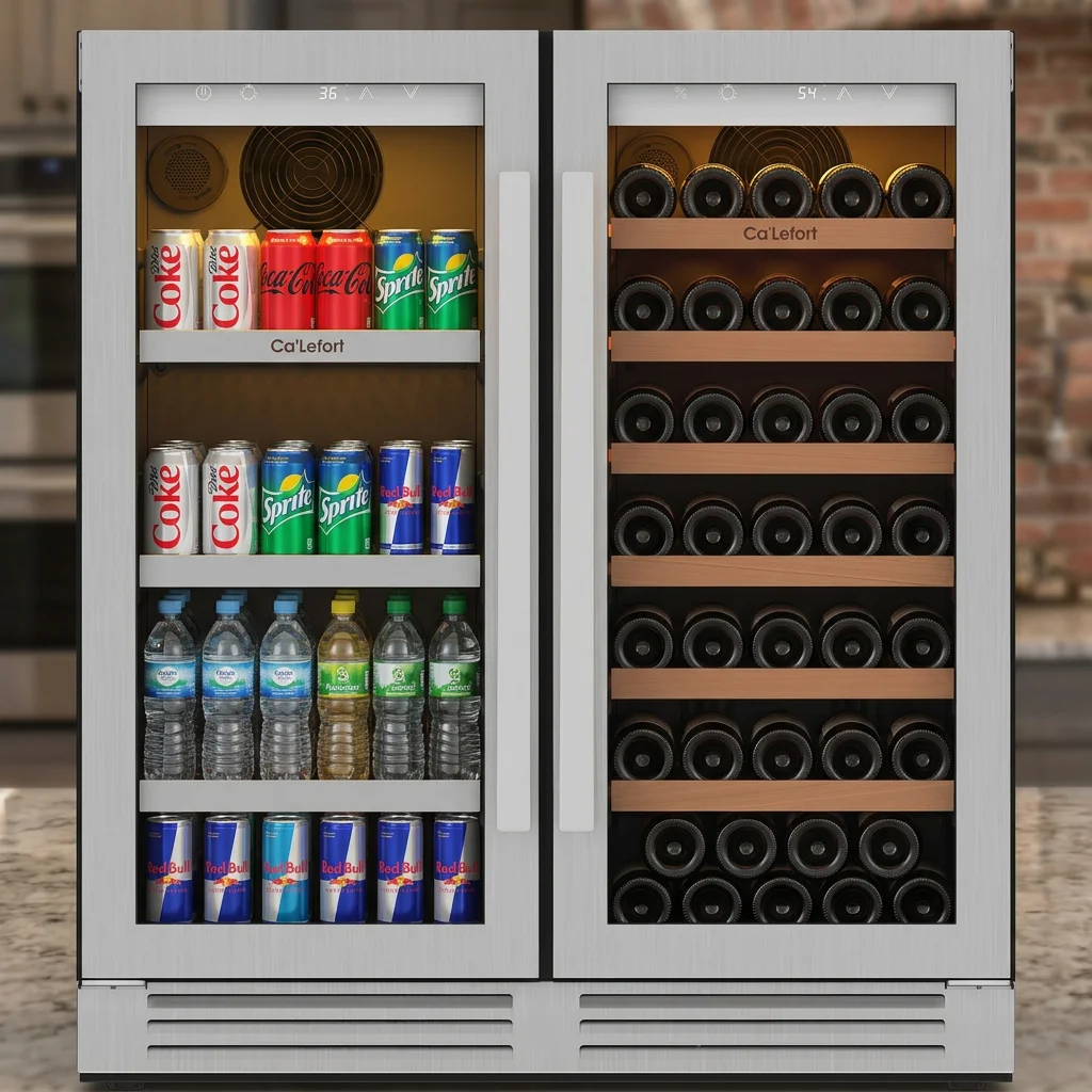 Dual Zone Wine & Beverage Cooler 170L Built-in Under Counter Fridge Holds 33 Wine Bottles +80 Cans Electronic Touch Control 34-72°F Dual Sensor Refrigerator