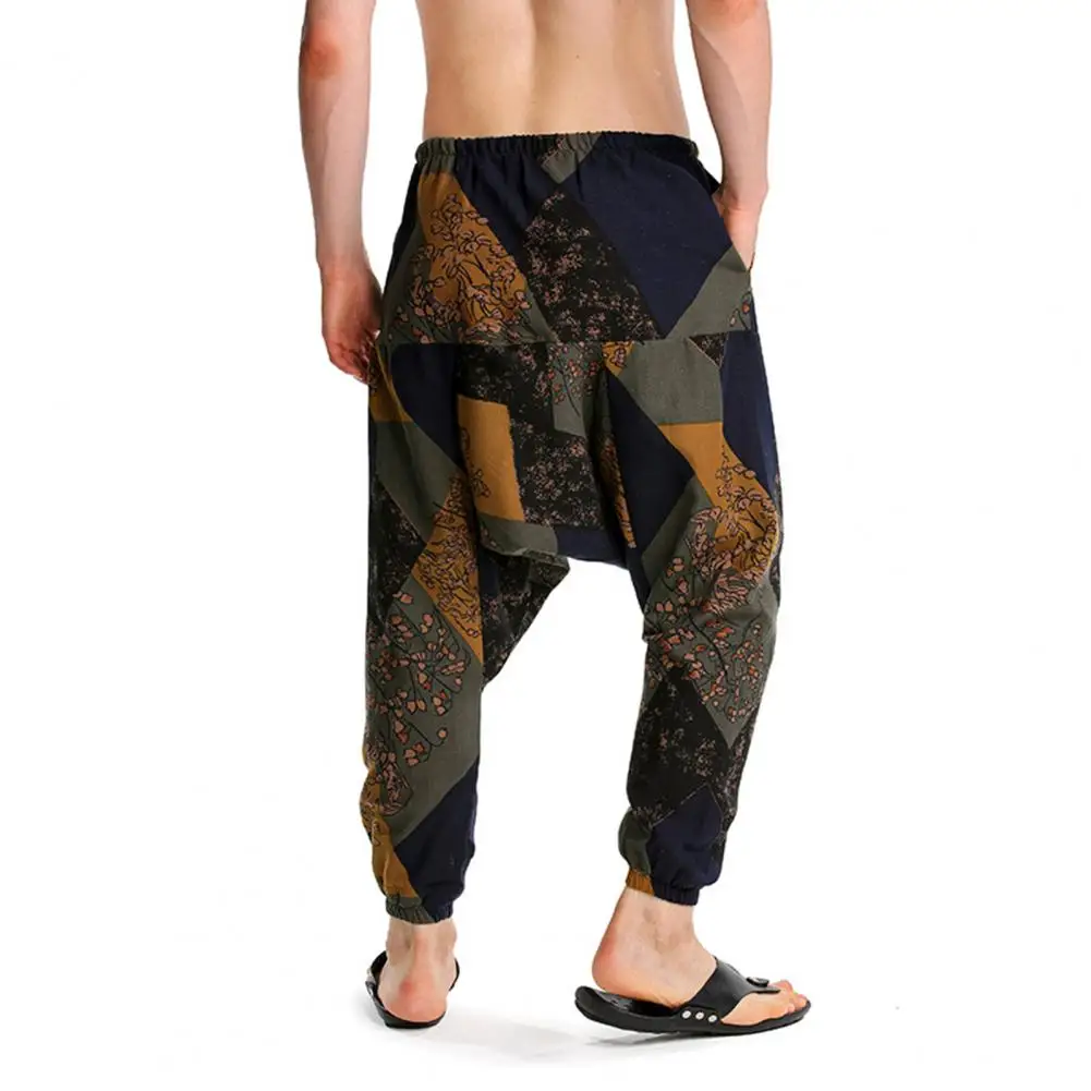 Pantalones Cargo holgados bohemios para hombre, ropa de calle con estampado de moda, entrepierna grande, atado al tobillo, pantalones bohemios