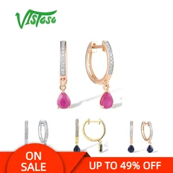 VISTOSO Authentic 14K 585 Rose Yellow White Gold Earrings For Women Diamond Blue Sapphire Ruby Hoop Drop Wedding Fine Jewelry