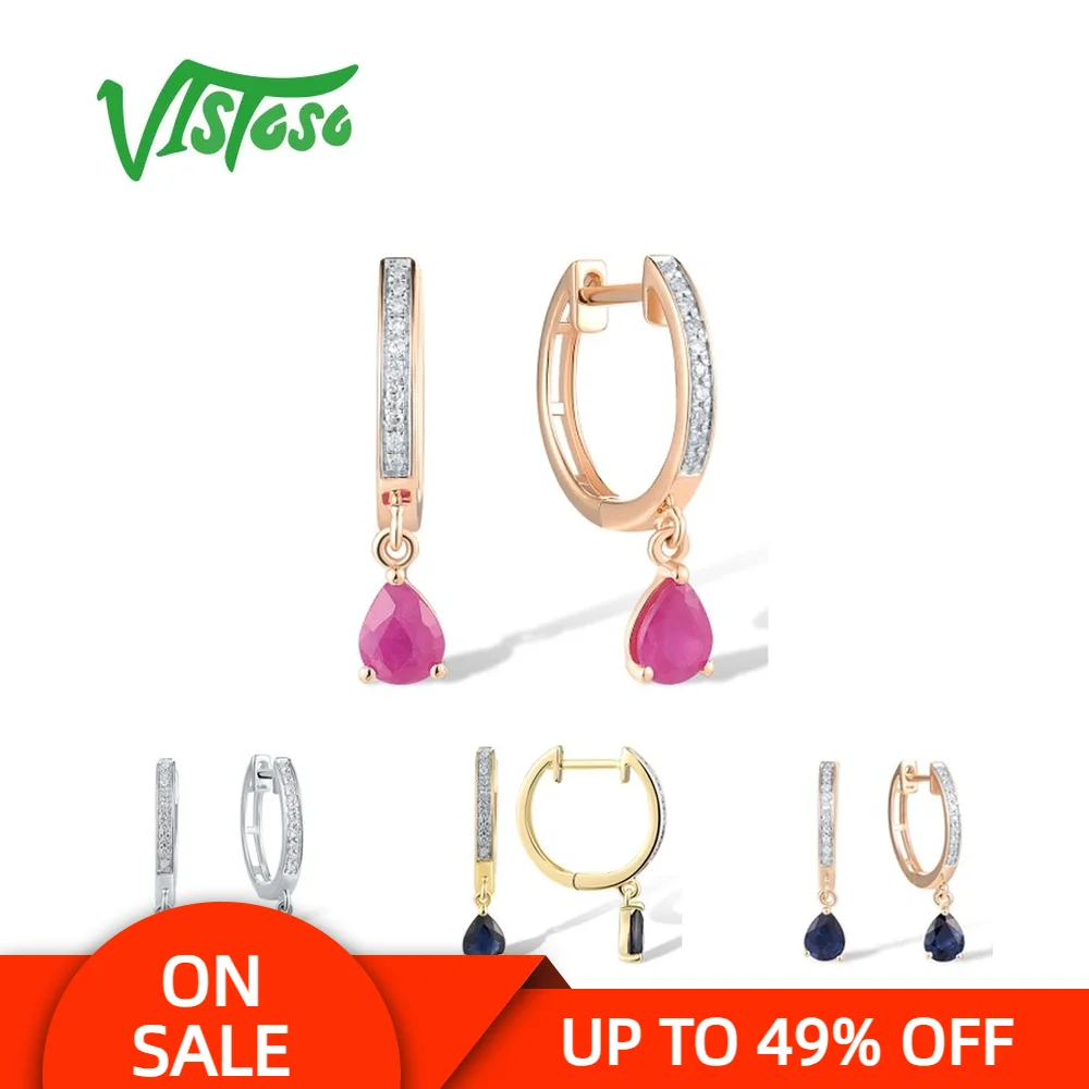 VISTOSO Authentic 14K 585 Rose Yellow White Gold Earrings For Women Diamond Blue Sapphire Ruby Hoop Drop Wedding Fine Jewelry