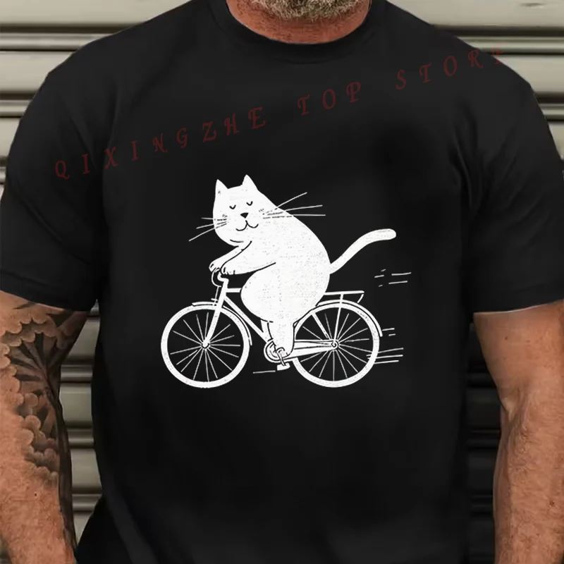 

Men's Playful Cat On Bicycle Graphic T-Shirt New Men's Casual O-neck Short Sleeve Tees