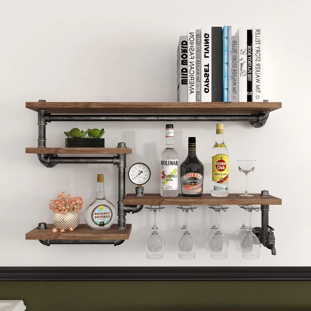 Industrial Pipe Wine Rack, Wall Mounted Wine Rack with 4 Stem Glass Holder, Metal Floating Bar Shelves Wall Bar Shelf