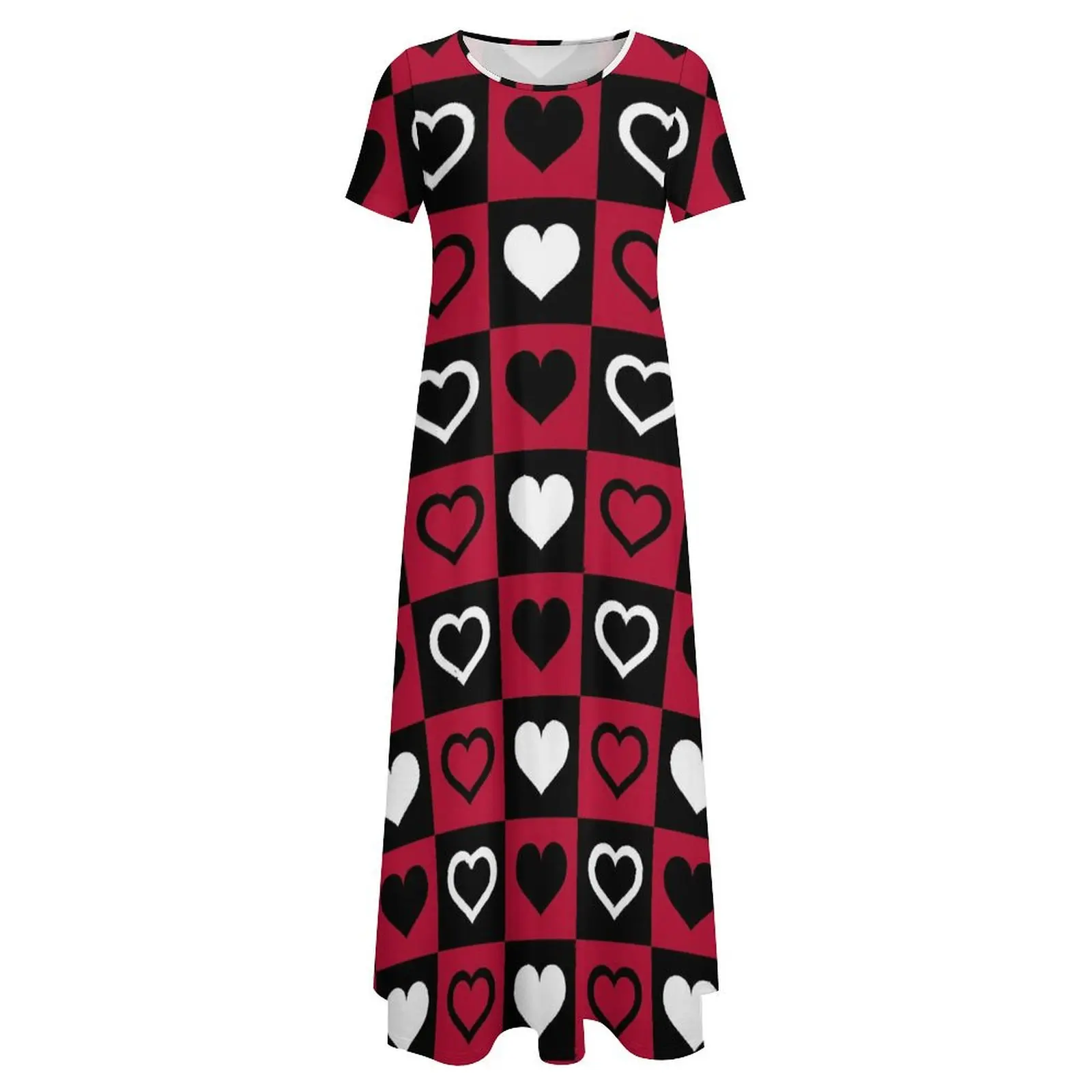 Vestido estampado vermelho e preto para senhoras, estampa de coração, vestido maxi bonito, vestidos longos Boho Beach estéticos, manga curta, tamanho grande