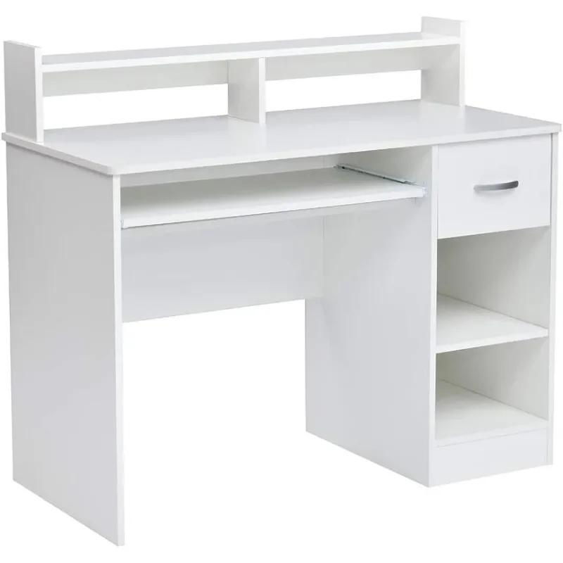 White Computer Keyboard Tray and Drawer Small Home Office Bedroom, Homework and School Studying Writing Desk with Storage