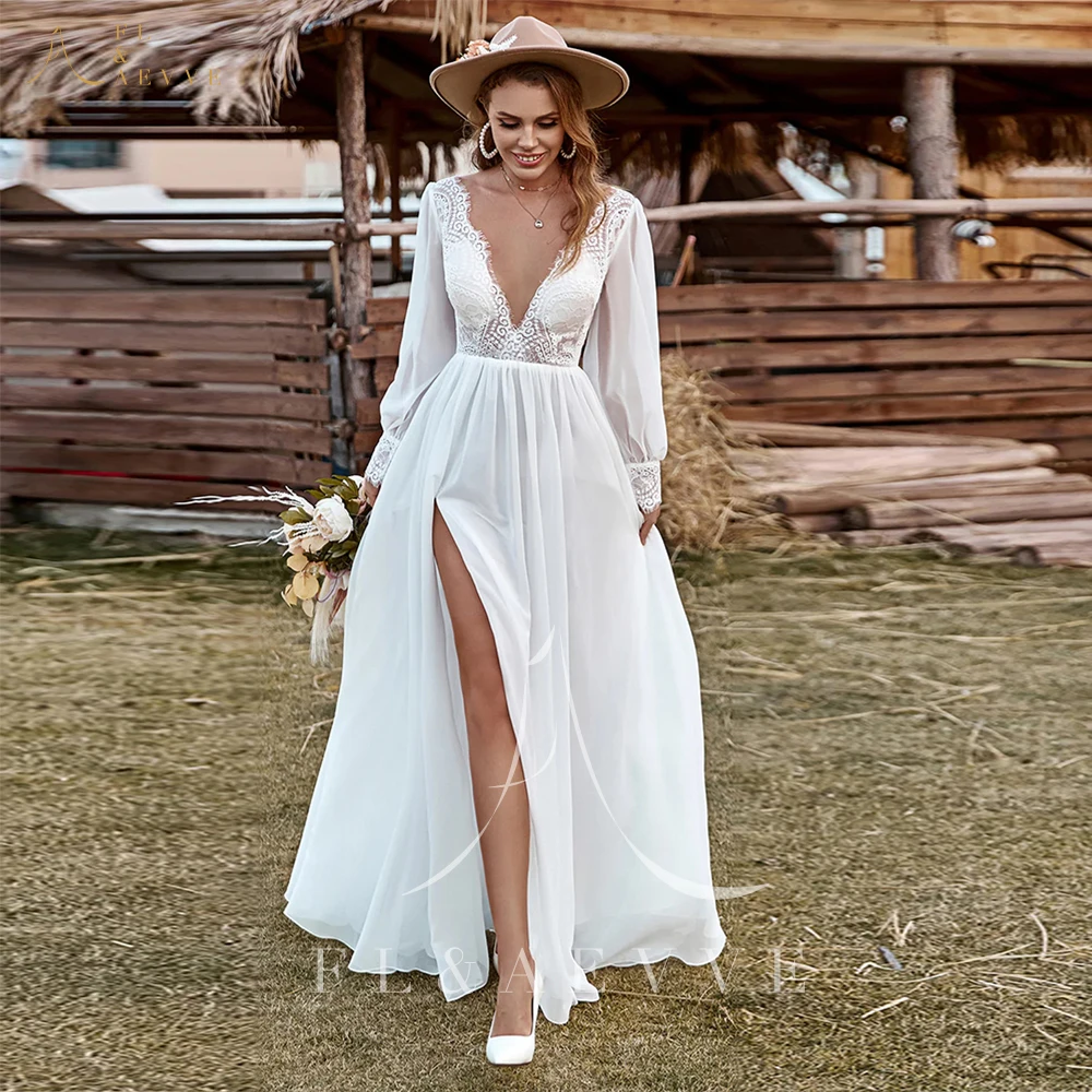 Eleganckie suknie ślubne BoHo dla kobiet Ivory Suknia ślubna z długim rękawem Koronkowa suknia ślubna Suknia ślubna vestidos de novia