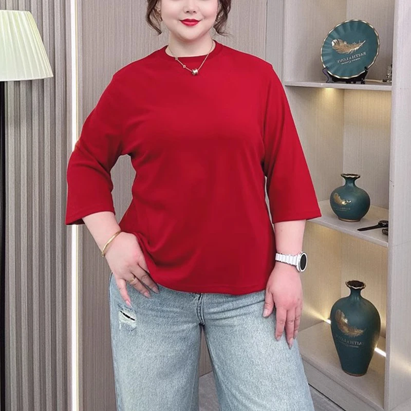 

Женская футболка больших размеров 2024, весна/осень, свободная футболка с круглым вырезом, мягкая бавовняная базовая футболка большого размера, повседневный однотонный топ