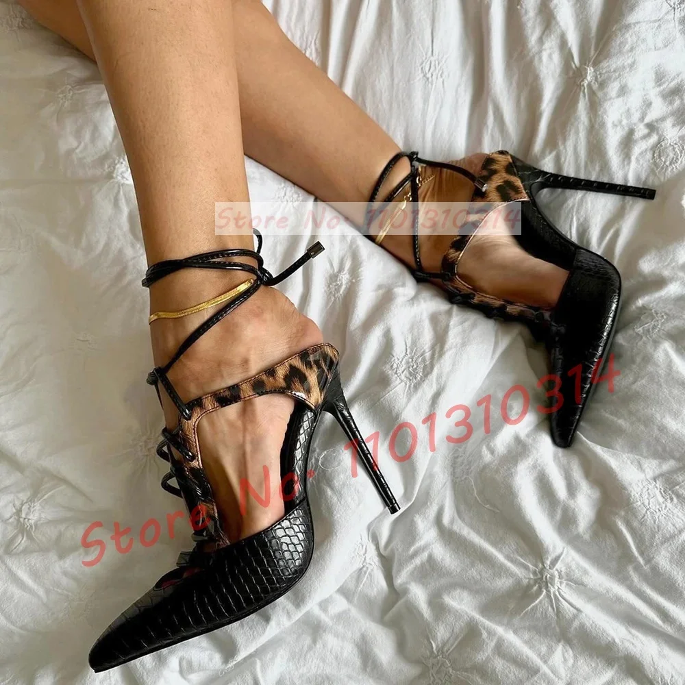 

Sexy Crocodile Cross Tie Sandals Women Summer Pointed Toe Leopard Bare Heel Sandals Ladies Trending Stiletto Heel Evening Shoes