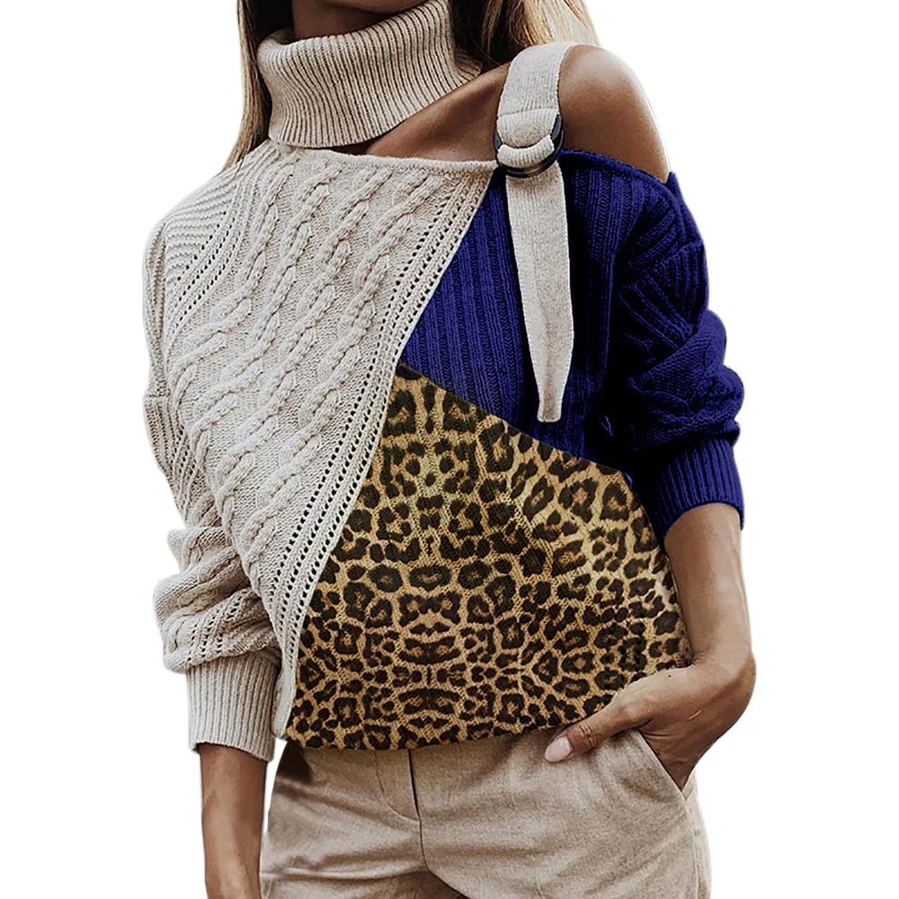 Autunno inverno manica lunga maglione top donna Patchwork dolcevita maglione Sexy Off spalla fibbia Pullover lavorato a maglia Pull maglieria