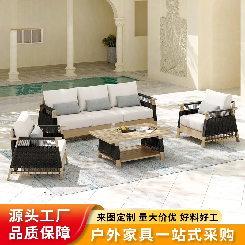 Outdoor sofa rattan courtyard garden preservative wood designer balcony leisure rattan chair hotel aluminum alloy furniture