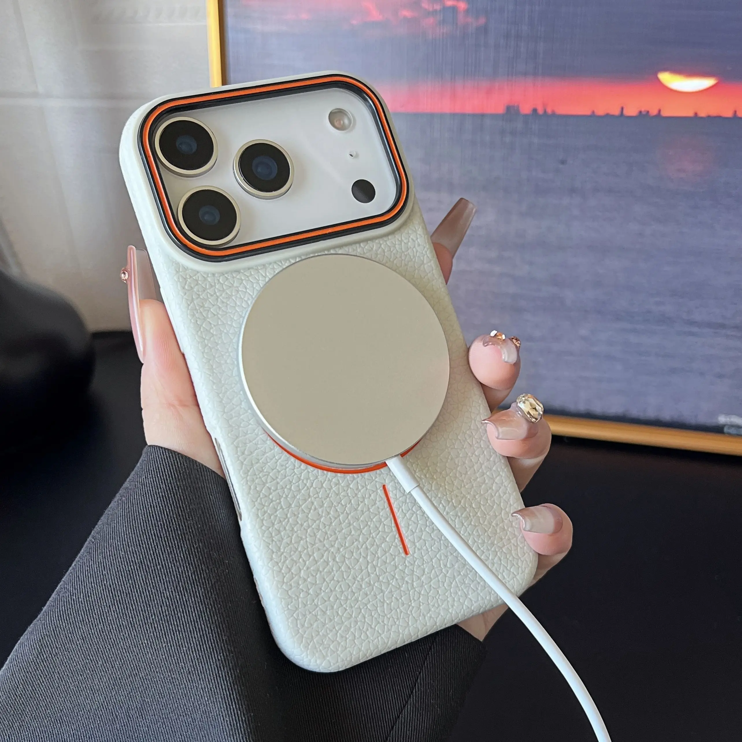 حافظة Ph/one مغناطيسية بنمط Lichee بلون متجمد لهاتف iPh 17 Air Pro Max Plus لغطاء ناعم من مادة البولي يوريثان Magsafe