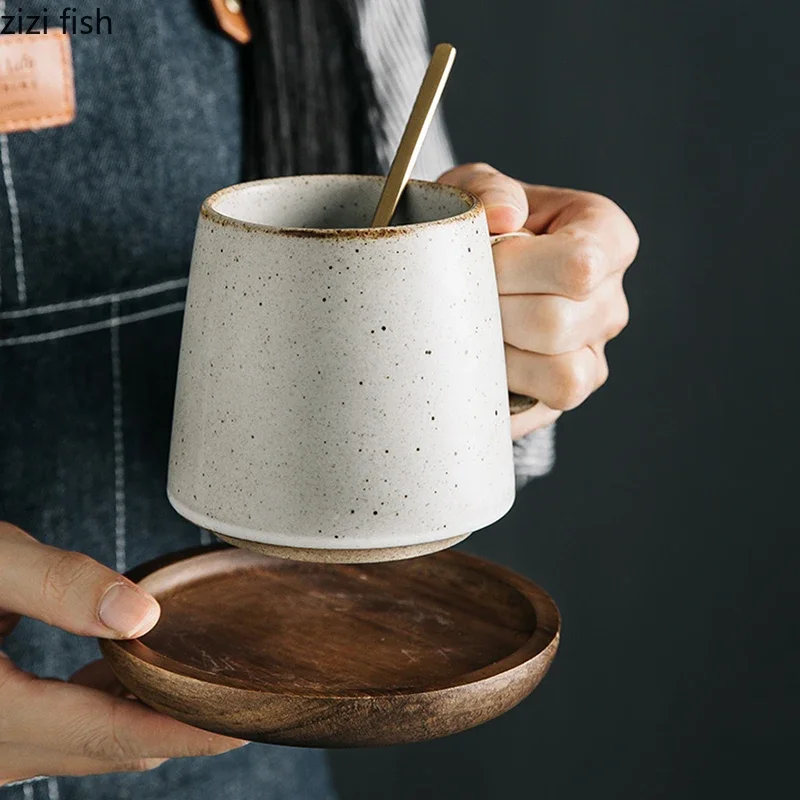 Retro Creative Ceramic Mug Wooden Coaster Office Coffee Mug Beverage Cup Milk Cup Household Couple Cup Water Cups Tea Cups