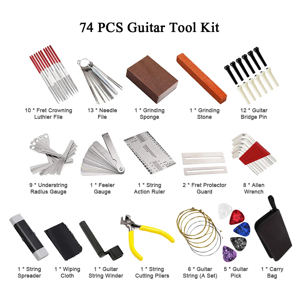 74pcs Guitar Tool Kit with Carry Bag Repair Tools String Action Ruler Luthier File Guitar Bridge Pins for Guitar Ukulele