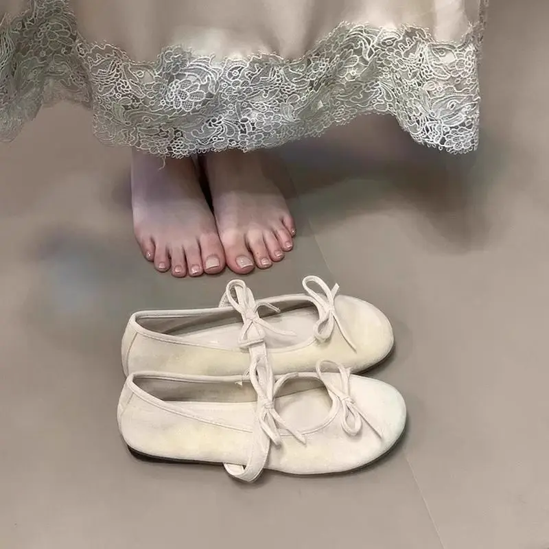 Women Suede Bow Mary Jane Flats Round Toe One Strap Soft Flat Shoes Sweet Vintage Daily Party Ballet Dress Shoes