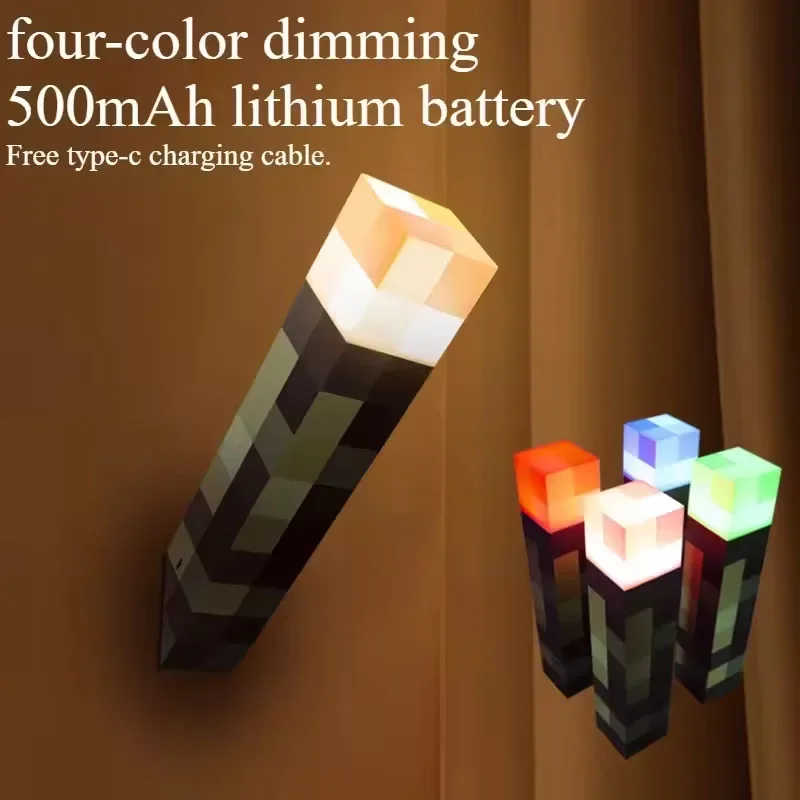 MC Torch 4 Color Flashlight Adjustable Lamp USB Rechargeable Night Light with Buckle 11inch Children Gift Bedroom Decor Light