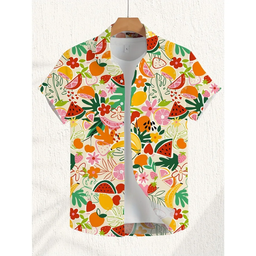 Tropical Mixed Fruit Floral Aloha Shirt Men Colorful Summer Fruit Leaf Print Loose Short Sleeve Lightweight Casual Top