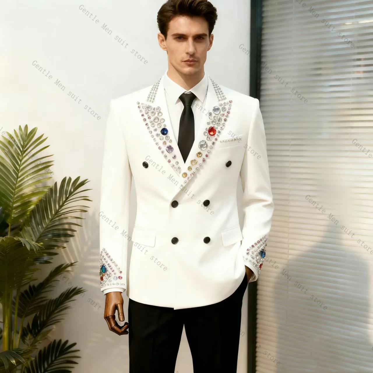 

White Men Suit Set 2 Piece Crystals Blazer+Black Pants Trousers Cotton Wedding Tuxedos Formal Office Jacket Coat Customized