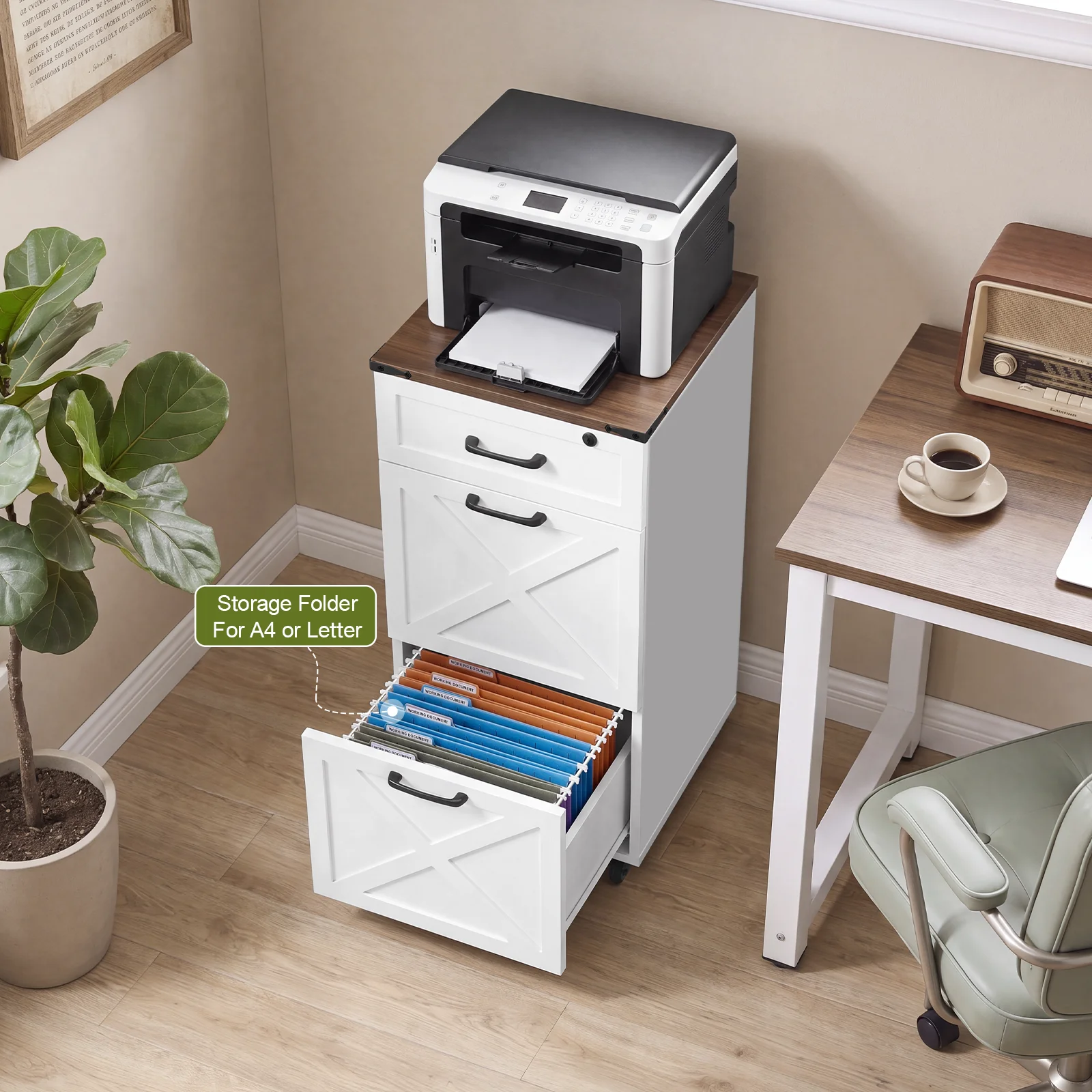 Rustic White Farmhouse 3-Drawer File Cabinet with Wheels Mobile Rolling Storage Organizer for Letter A4 Printer Stand Home Office