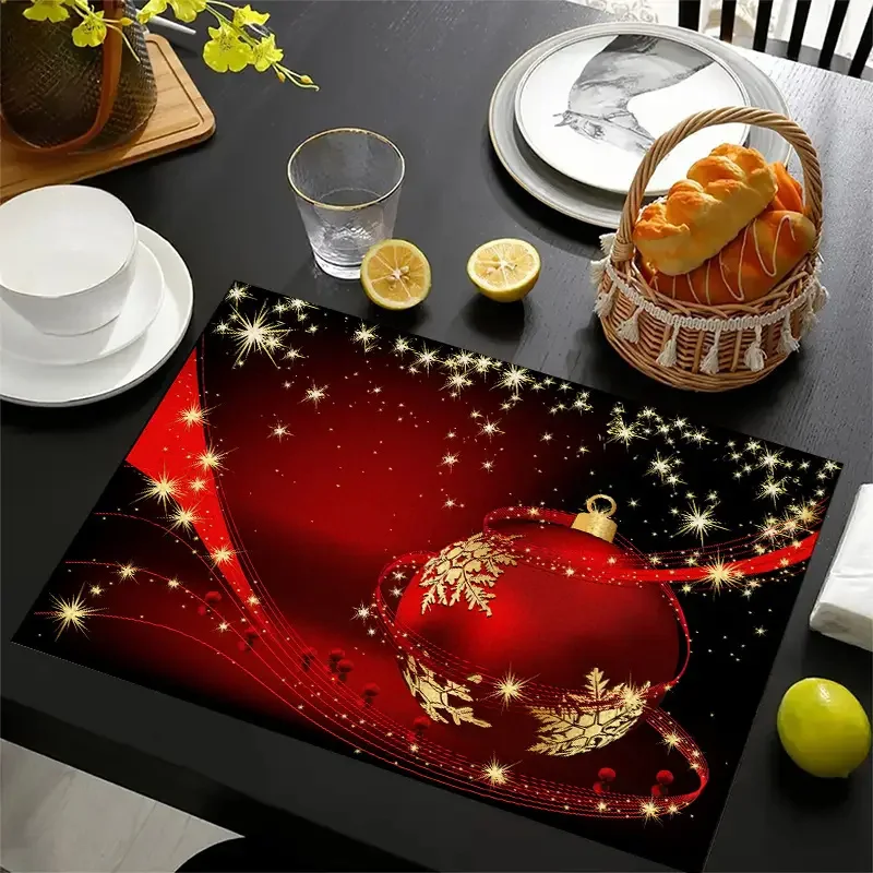 Glossy Red X‑mas Ball with Golden Snowflake Motif Table Placemat Star‑trail Effect Household Dining Decor