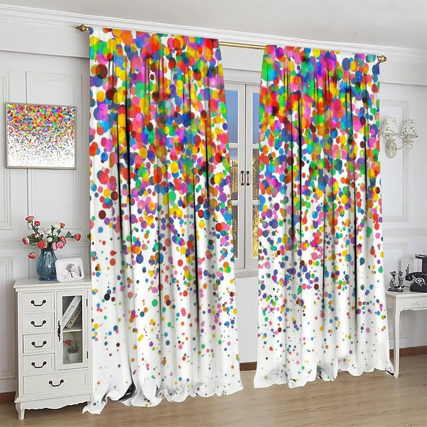 Colorful Polka Dot Curtains, Abstract Geometric Confetti Falling Rainbow Geometry Bright Print Window Treatments for Wedding