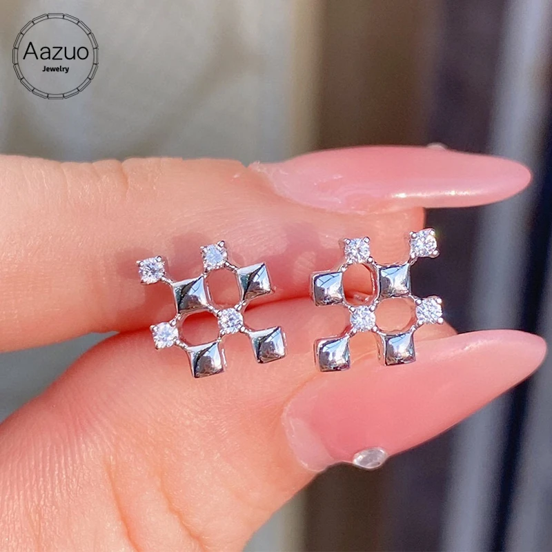 Aazuo 18K Pure White Gold Real Diamonds 0.10ct Fairy Geometry Stud Earring Gifted For Girls & Woman Birthday Party Fine Jewelry