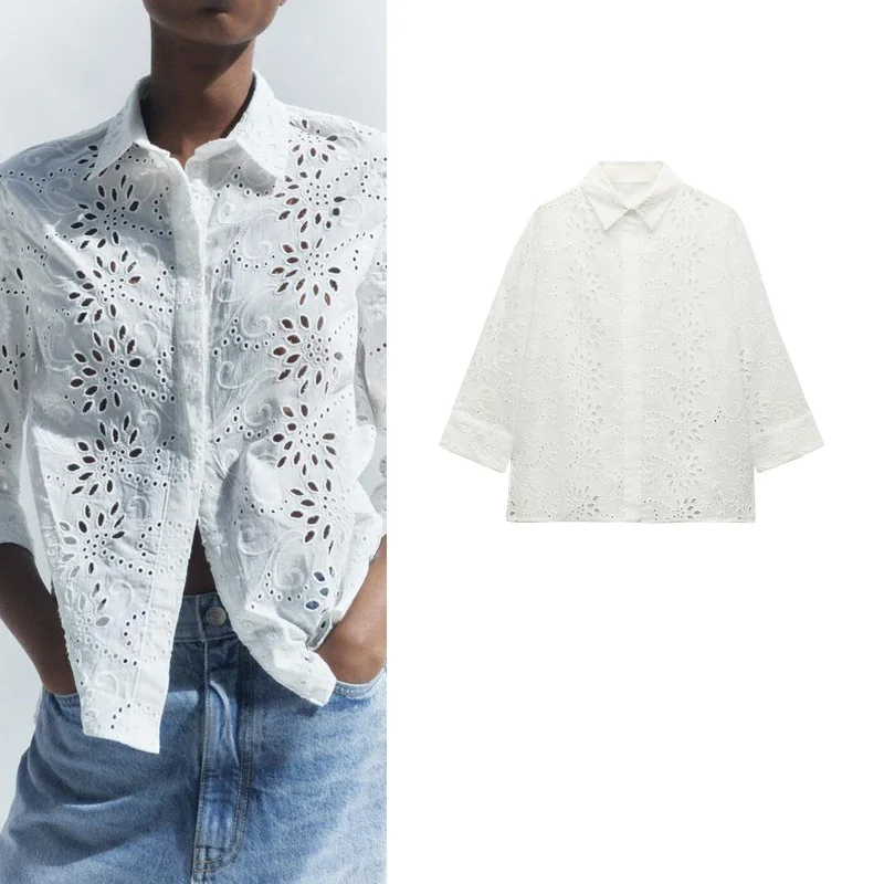 

Spring Summer New Women's Long Sve Collar Hollow out Embroidery irt Side Slit Straight Cut Commute Sle Polyester ...