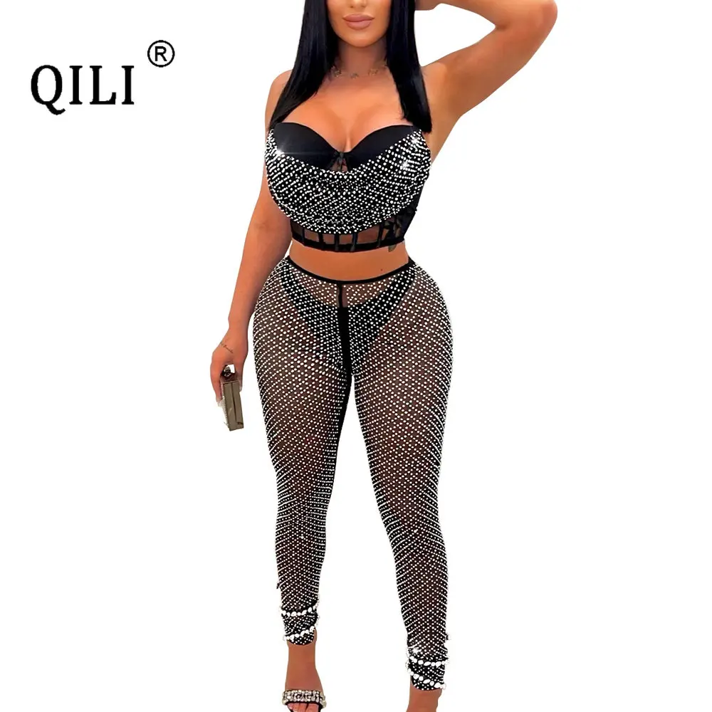 QILI-Two-Piece Sets for Women, Mesh Diamonds, Elegant Rhinestone Top and Pants, Matching Sets, Sexy, Summer