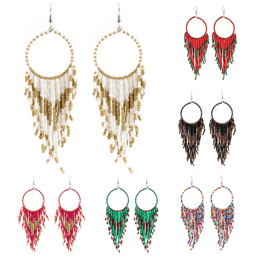 

Handmade Colorful Beads Long Tassel Drop Earrings for Women New Trending Beaded Earrings Bohemian Ethnic African Indian Jewelry