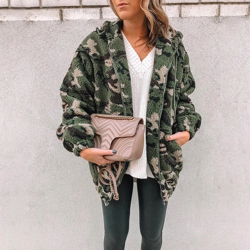 New Women's Casual Jacket Fashion Camouflage Hooded Drawstring Plush Sweater Zipper Jacket Women  Autumn and Winter