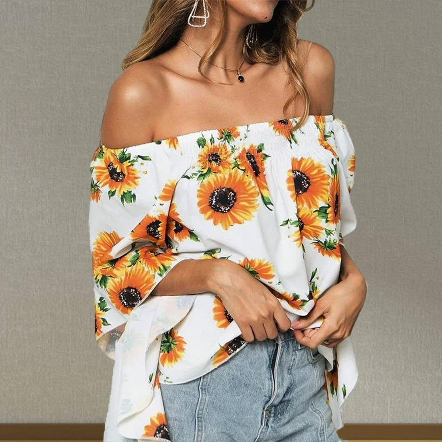 Print T-shirt Off Shoulder Blouses Women Vintage Sunflower Top Flare Sleeves Thin Loose Top Korean Reviews Y2K Clothes Summer