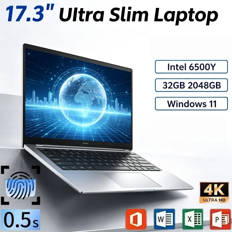 2026 Large Screen 17.3 Inch Intel 6500Y Laptop 32GB RAM 2TB SSD Windows11 Fingerprint Unlock Portable Computer