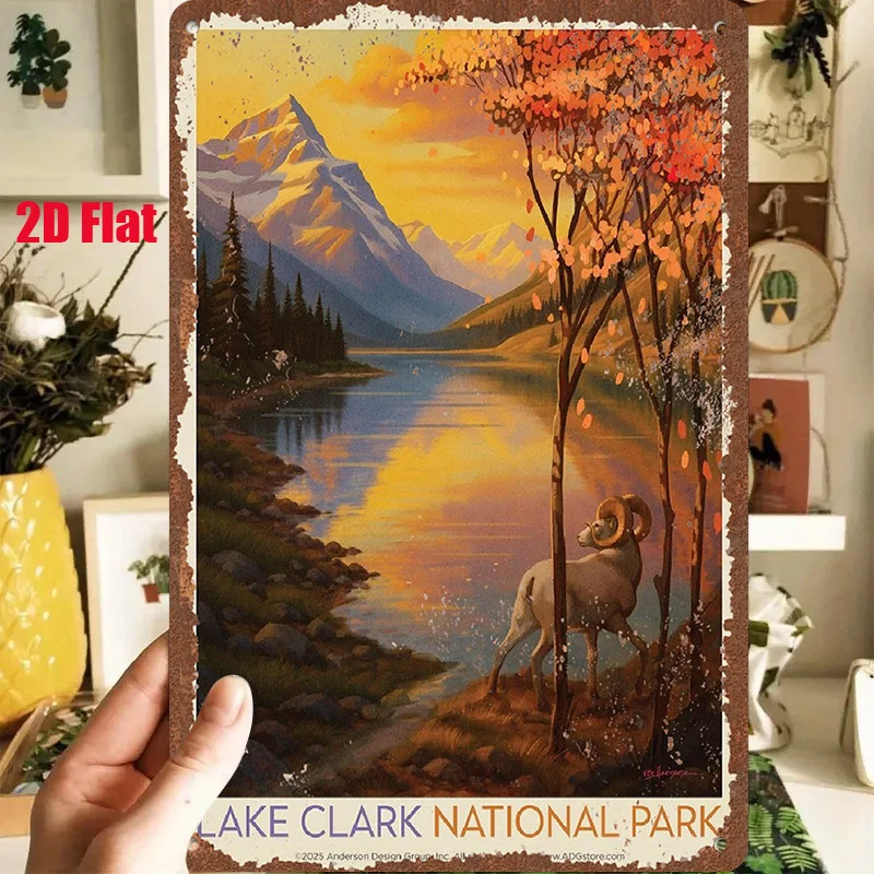 2D Flat - 1pc 2D[Flat] Metal Sign Vintage Tin Painting of Lake Clark National Park, Depicting Autumn Mountains, Lakes, And Alpac