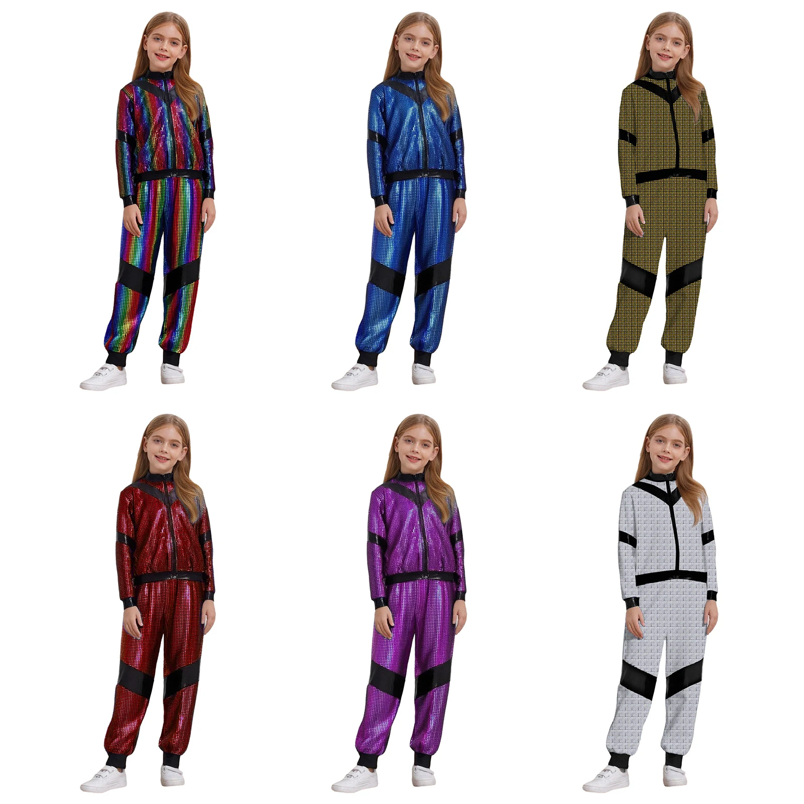 Boys Girls Hip Hop Jazz Street Dance Costume Long Sleeve Metallic Plaid Zipper Jacket with Pants School Show Stage Dancewear