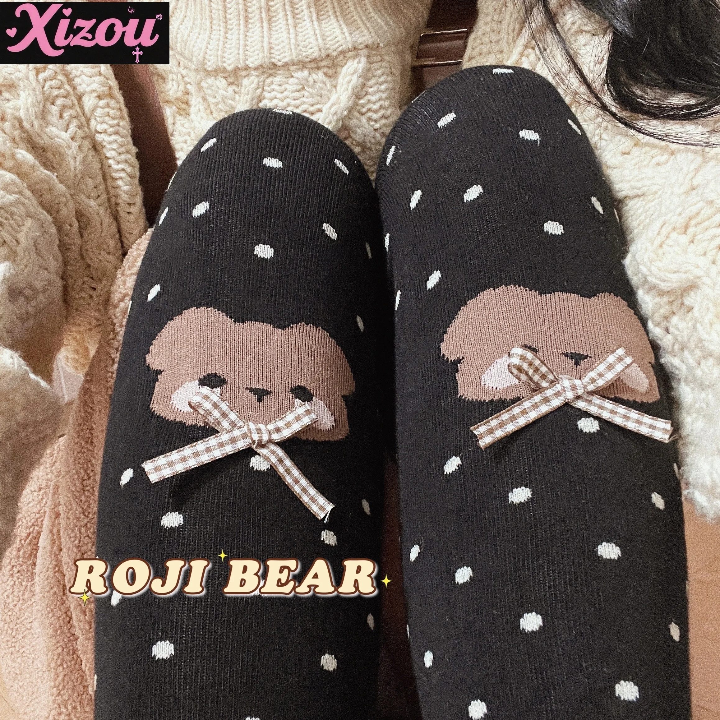 Japanese Cartoon Bear Polka Dot Bow Lolita Socks Women's Autumn Winter Knee Socks Thick Combed Cotton Socks Thin Leg Sock Female
