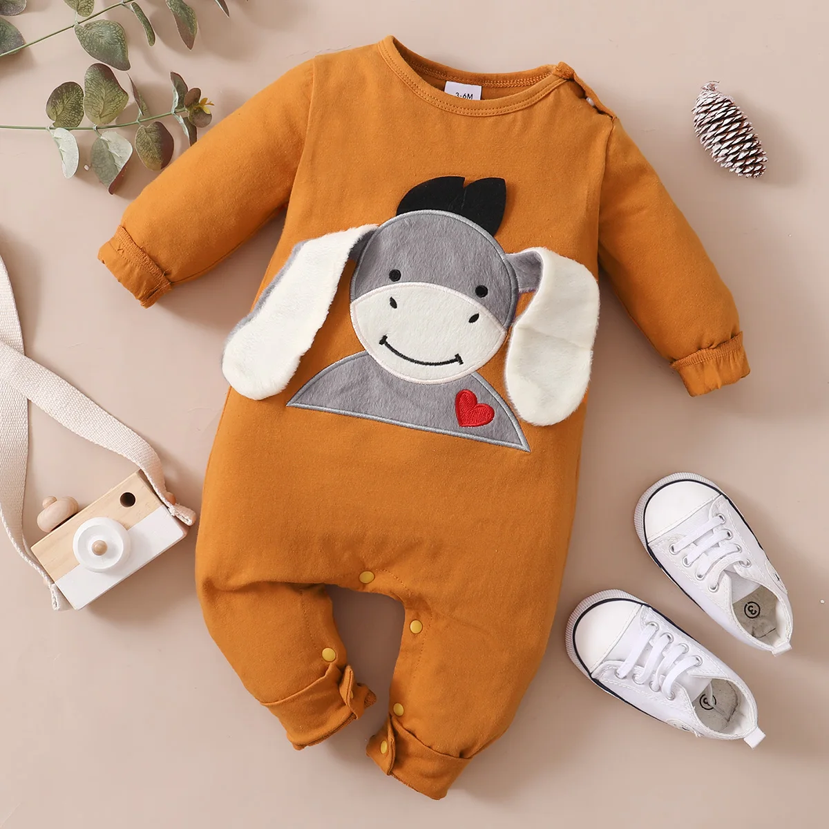 PatPat New Spring and Autumn Baby Boys / Girls Jumpsuits Donkey Embroidery 3D Ear Design Long-sleeve Jumpsuit for Baby Clothes