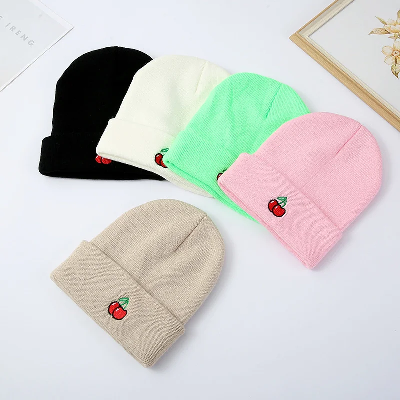 New Fashion Cute Black White Pink Cherry Beanie Hat Women Winter Caps Lady Beanies