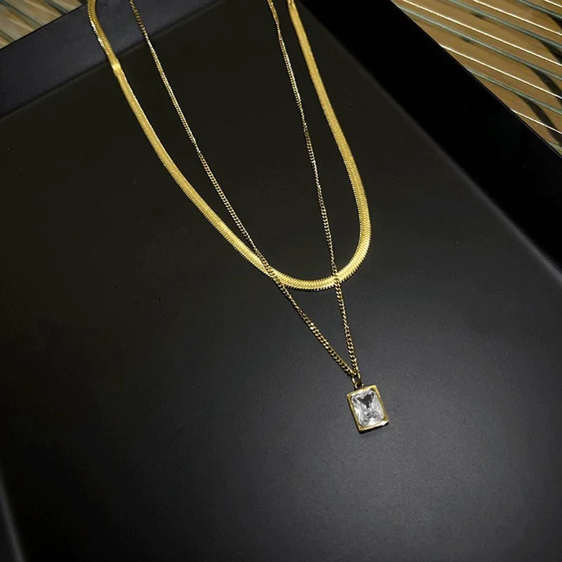 316L Stainless Steel New Fashion Fine Jewelry 2 Layer Geometry Embedded Zircon Charms Chain Choker Necklaces & Pendant For Women