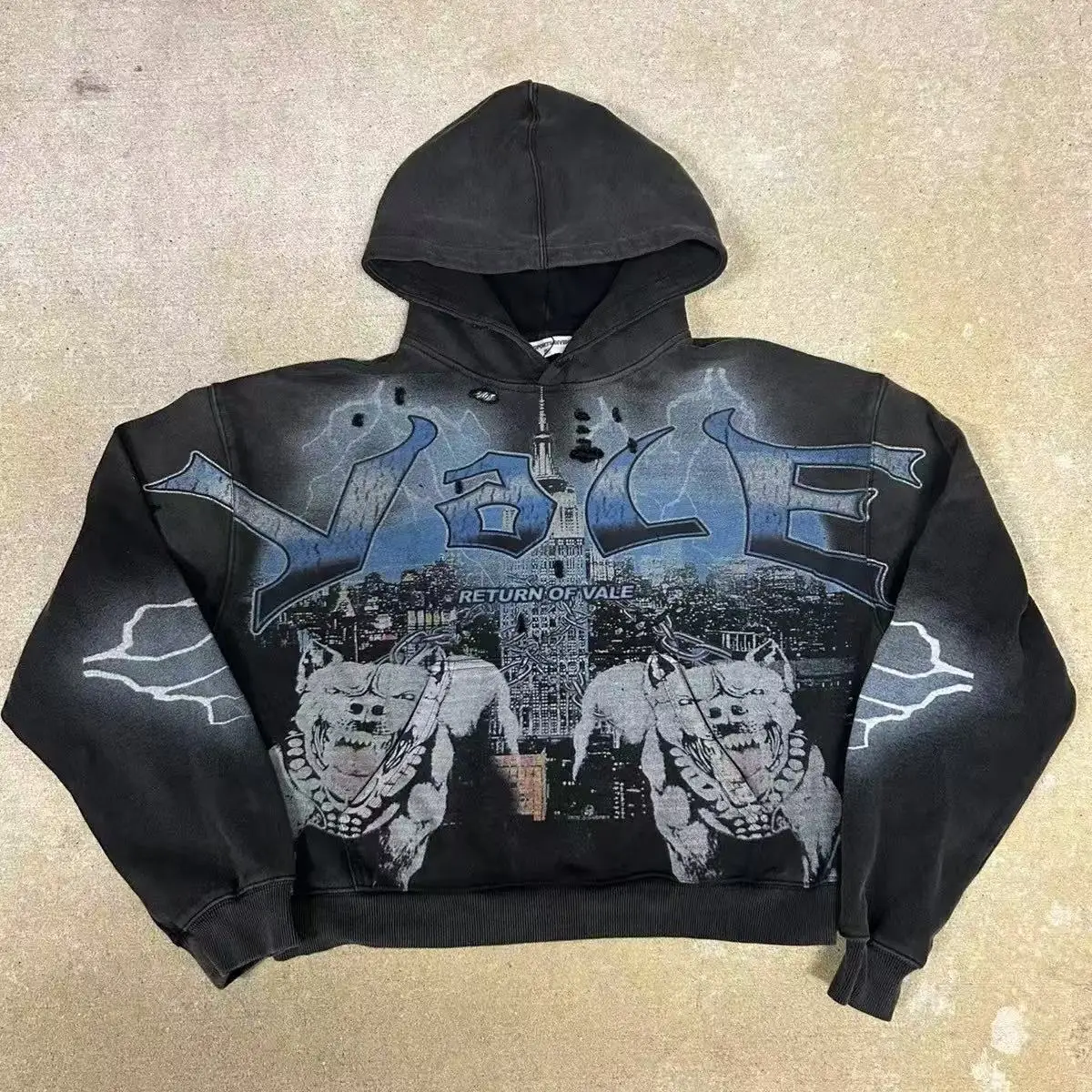 Vale Valley Retro Washed Street Hip Hop Pure Cotton Fleece Hoodie with Dog Print Casual Loose Fit Long Sleeve Sweatshirt
