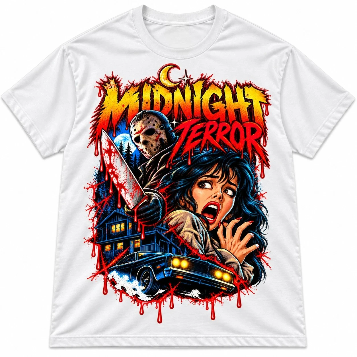 New Vintage 90s Comic Book Style Horror T-Shirt Midnight Terror Slasher Graphic Tee High-end Luxury Unisex Style