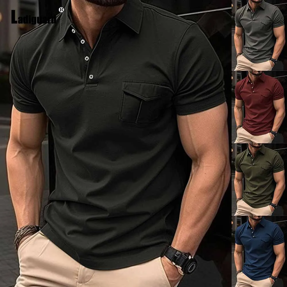 

2023 European Size Men Turn-down Collar Short Sleeve Shirts Men's Stand Pocket Tops Streetwear Army Green Simple Basic Pullovers