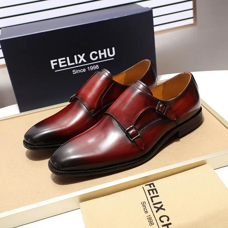 Handmade Genuine Leather Men\'s Oxfords Plain Toe Double Buckle Monk Strap Formal Classic Dress Shoes Size 6-13