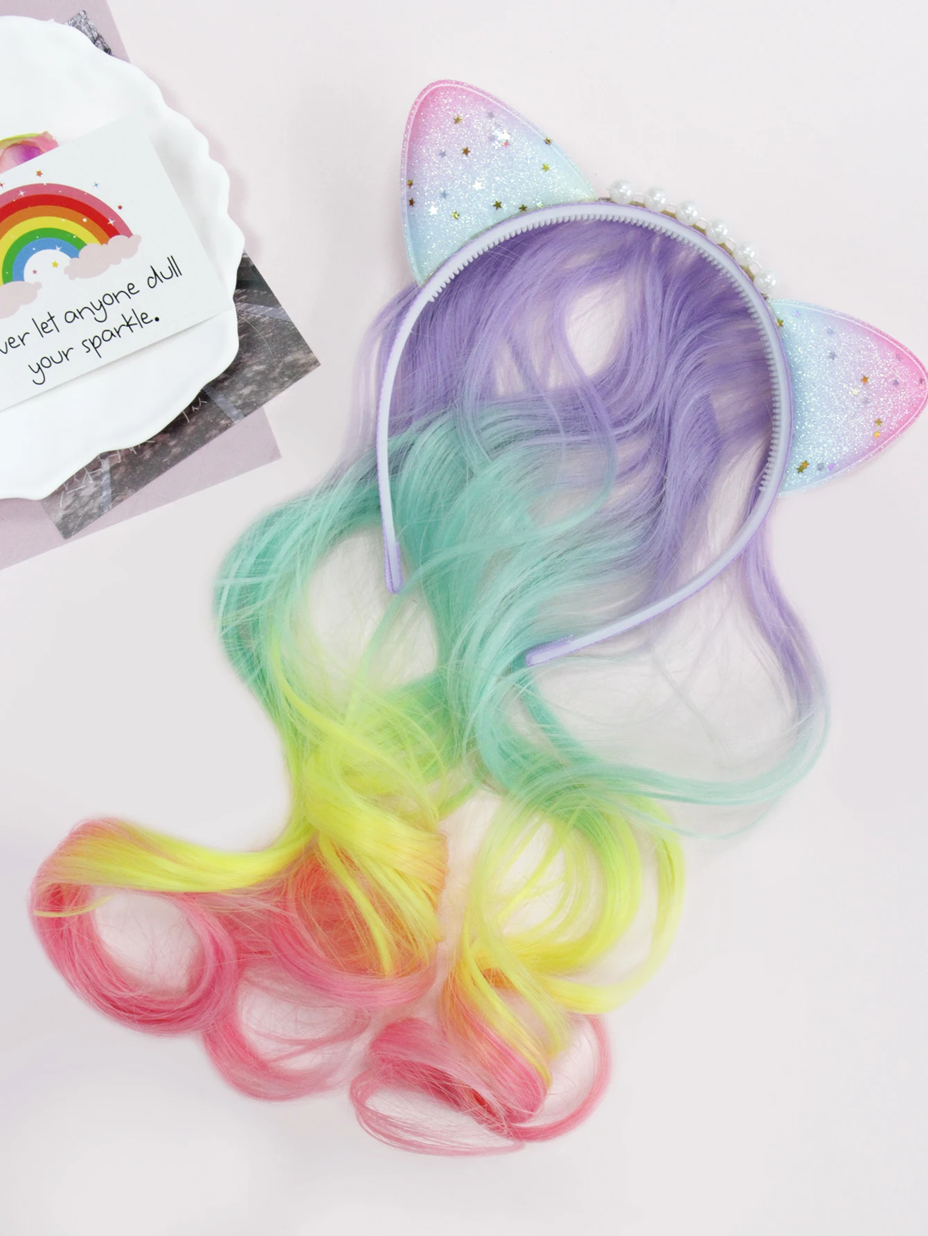 

Сладкие и милые радужные синтетические повязки на голову для наращивания волос, блестящие повязки на голову с кошачьими ушками и деталями из искусственного жемчуга