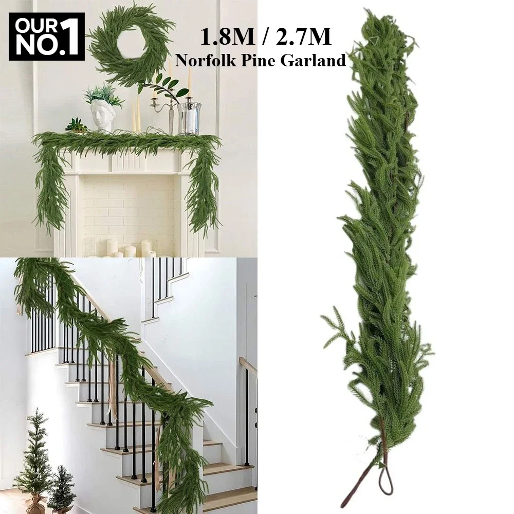 1.8M 2.7M aksen dinding dekorasi Natal Norfolk pinus untuk mantel perapian tangga tangga pagar meja depan pintu teras Dekorasi Rumah