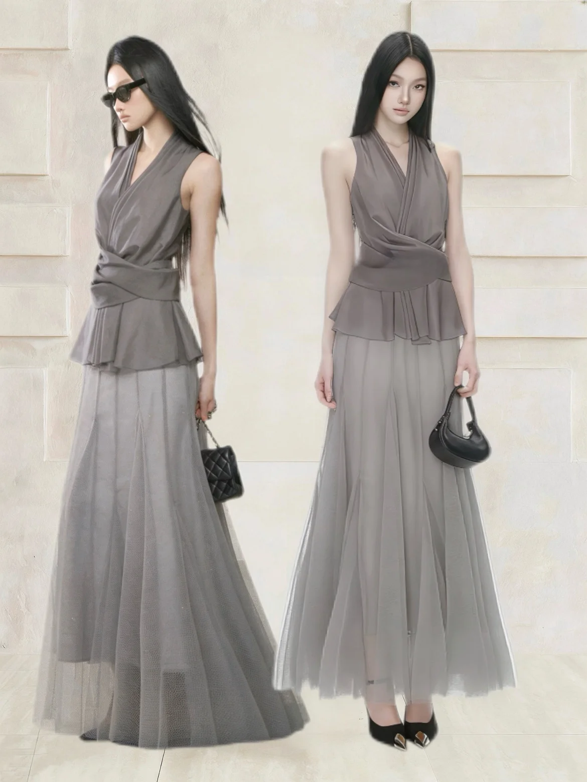 

Элегантный комплект: топ без рукавов с V-образным вырезом и плиссировкой, юбка А-силуэта с высокой талией, сетчатое платье, летний повседневный модный женский комплект