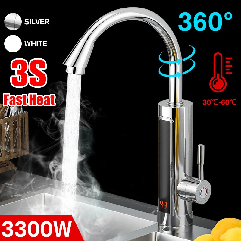 3300W 220V Instant Electric Water Heater Kitchen Faucet Tap LED Ambient Light Temperature Display Bathroom Instant Heating Tap