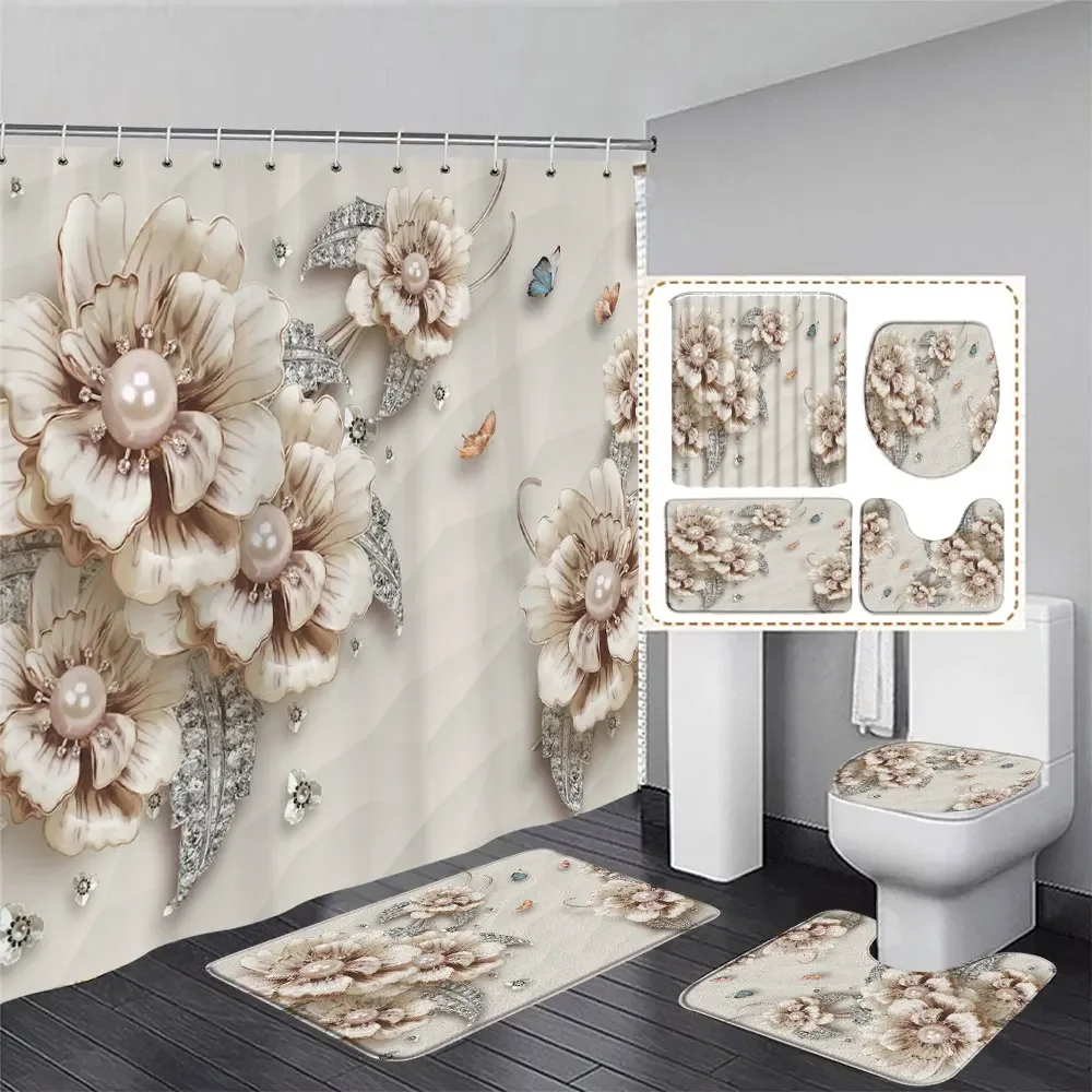 Luxury Fashion Pearl Bouquet Shower Curtain Elegant Diamond Fantasy 3D Style Polyester Bath Curtains Rug Set Home Bathroom Decor