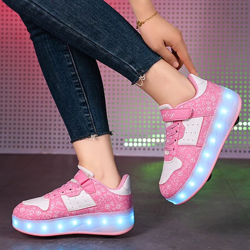 Children Roller Skate Shoes With Wheel Boy Sneaker Girl USB Charging Luminous Outdoor Casual Sport Walking LED Light Shoes 29-40