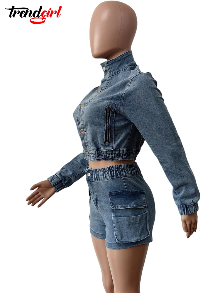 Mlaiscsr Stretch Denim Long Sleeve Two 2 Pieces Set Women‘s Streetwear Jacket Crop Tops and Shorts Jean Matching Suit Clubwear