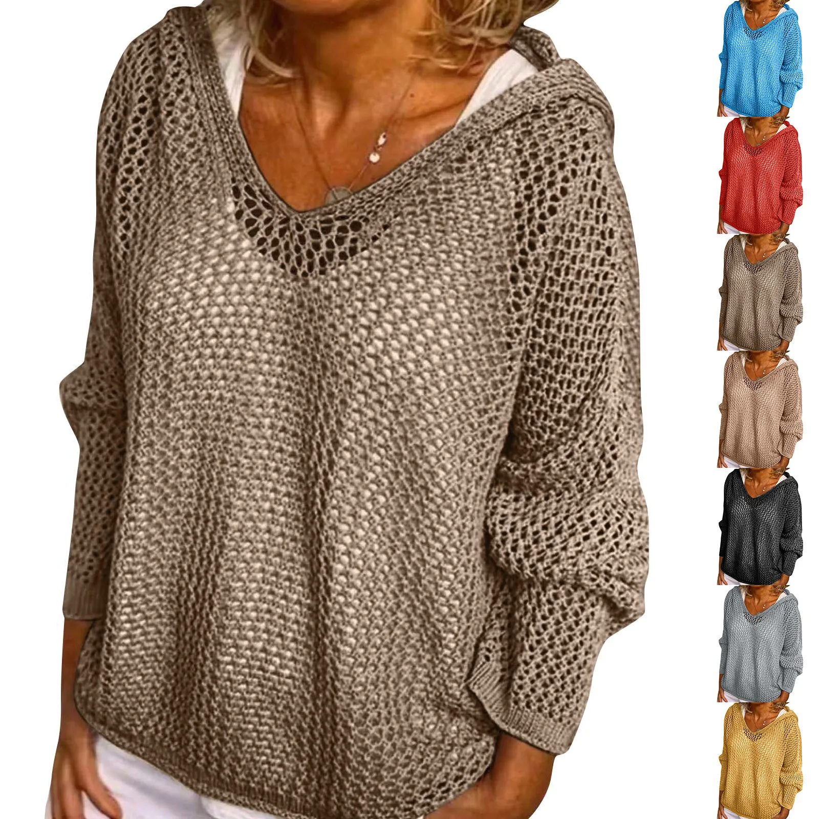 

Women's Chic Korean Style Baggy Hollow Out Sweater Smock Fashion Long Sleeve Pullover Casual Solid Color Hooded Top