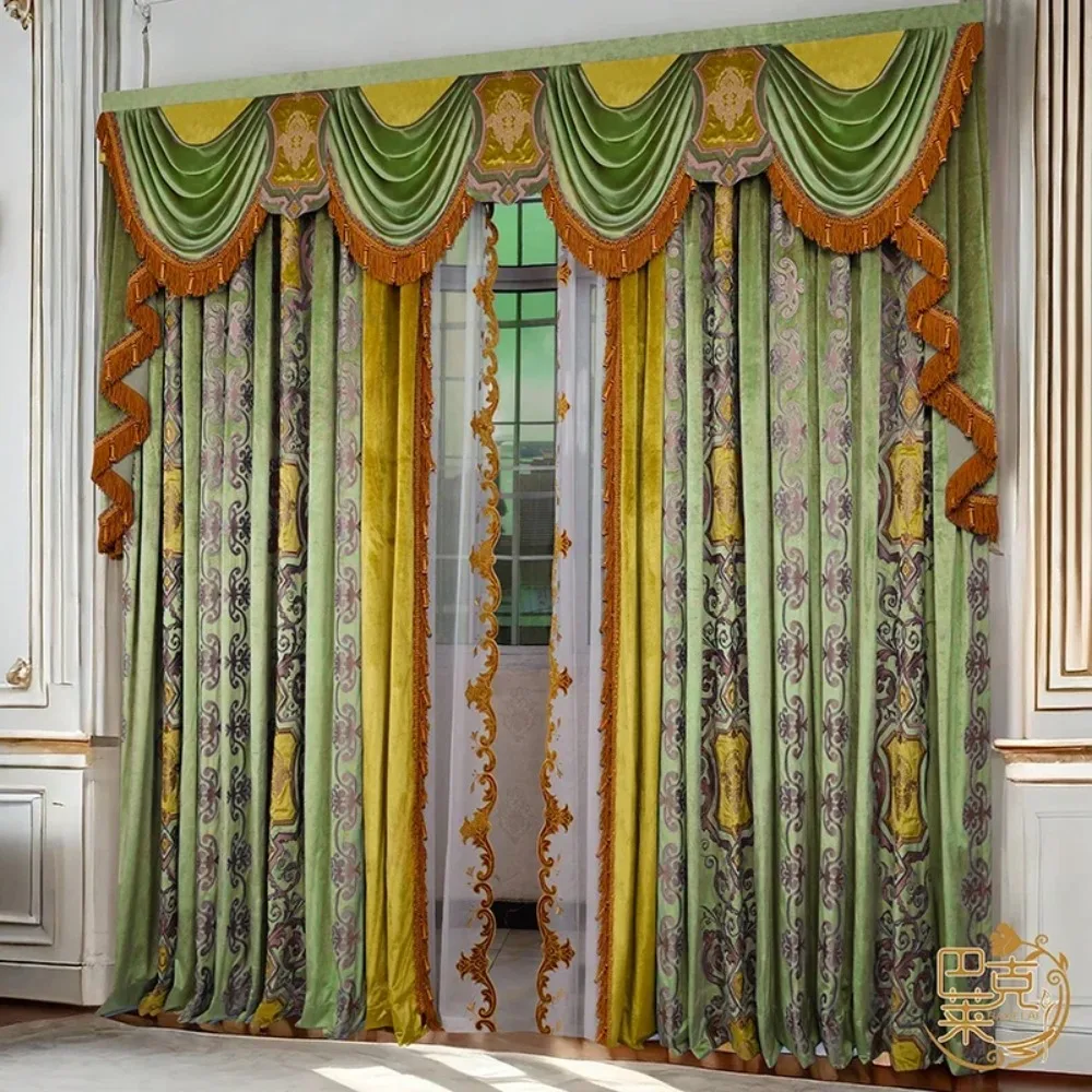 Villa Customized Green Velvet Embroidered Window Screen Splicing Curtains for Living Room Bedroom Palace Finished Product